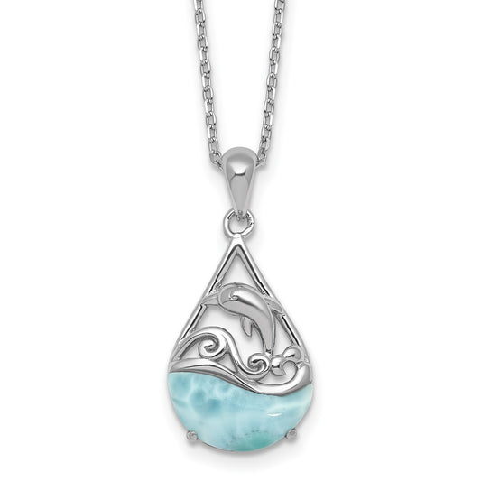 Sterling Silver Rhodium-plated Polished Larimar Dolphin Teardrop 16 Inch with 2 Inch Extension Necklace QG7101-16