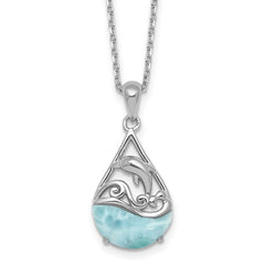 Sterling Silver Rhodium-plated Polished Larimar Dolphin Teardrop 16 Inch with 2 Inch Extension Necklace QG7101-16