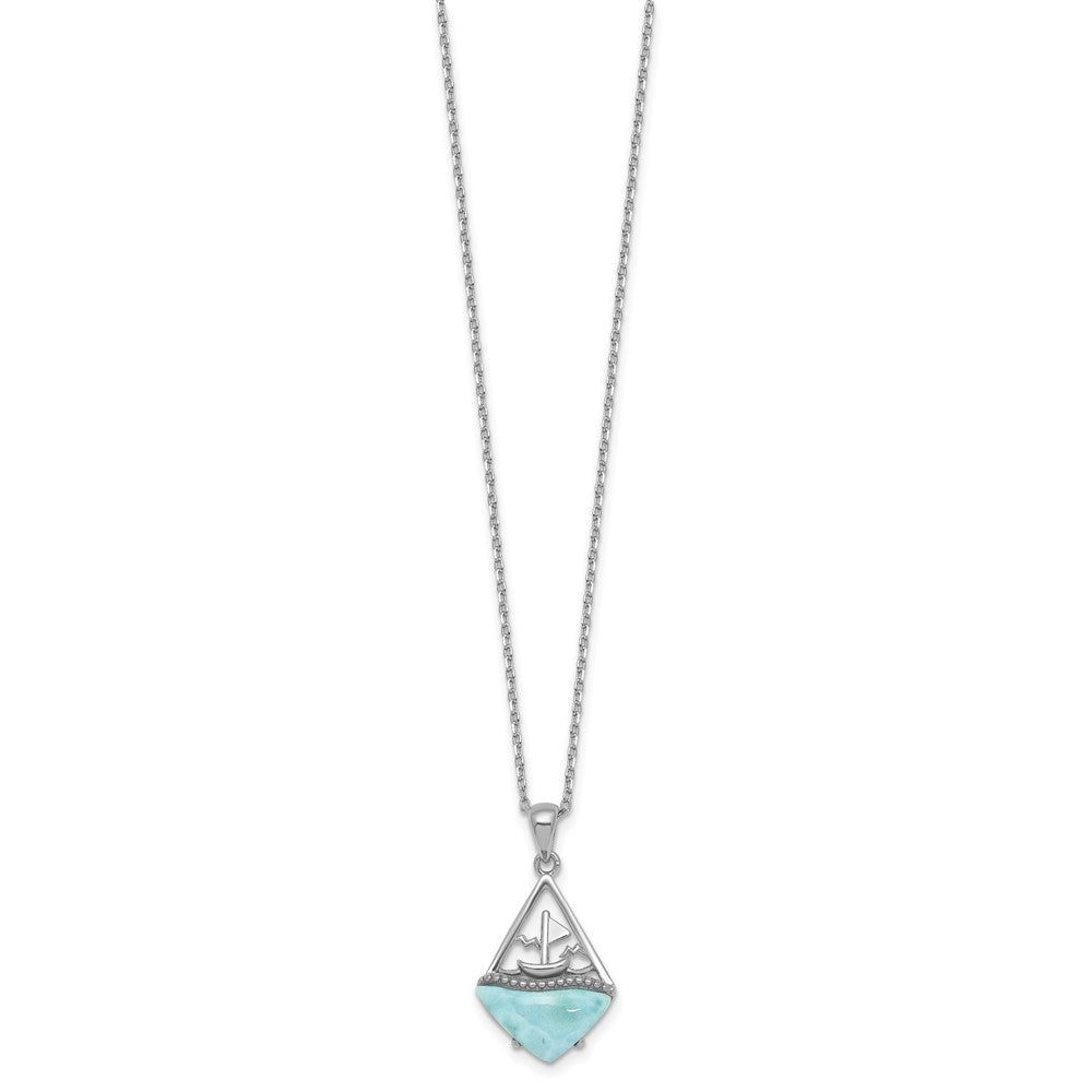 Sterling Silver Rhodium-plated Polished and Beaded Larimar Sailboat 16 Inch with 2 Inch Extension Necklace QG7102-16