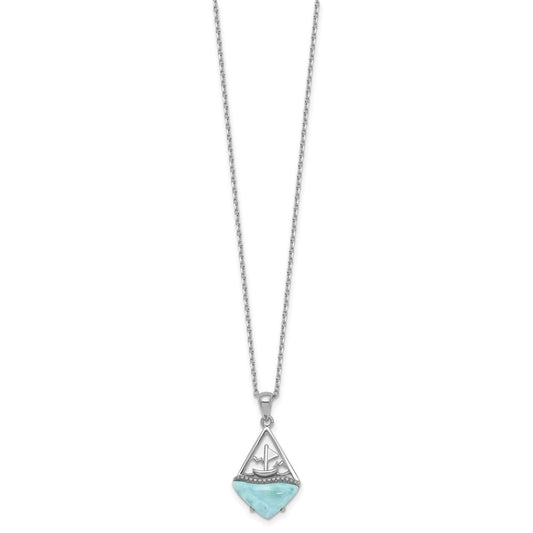 Sterling Silver Rhodium-plated Polished and Beaded Larimar Sailboat 16 Inch with 2 Inch Extension Necklace QG7102-16