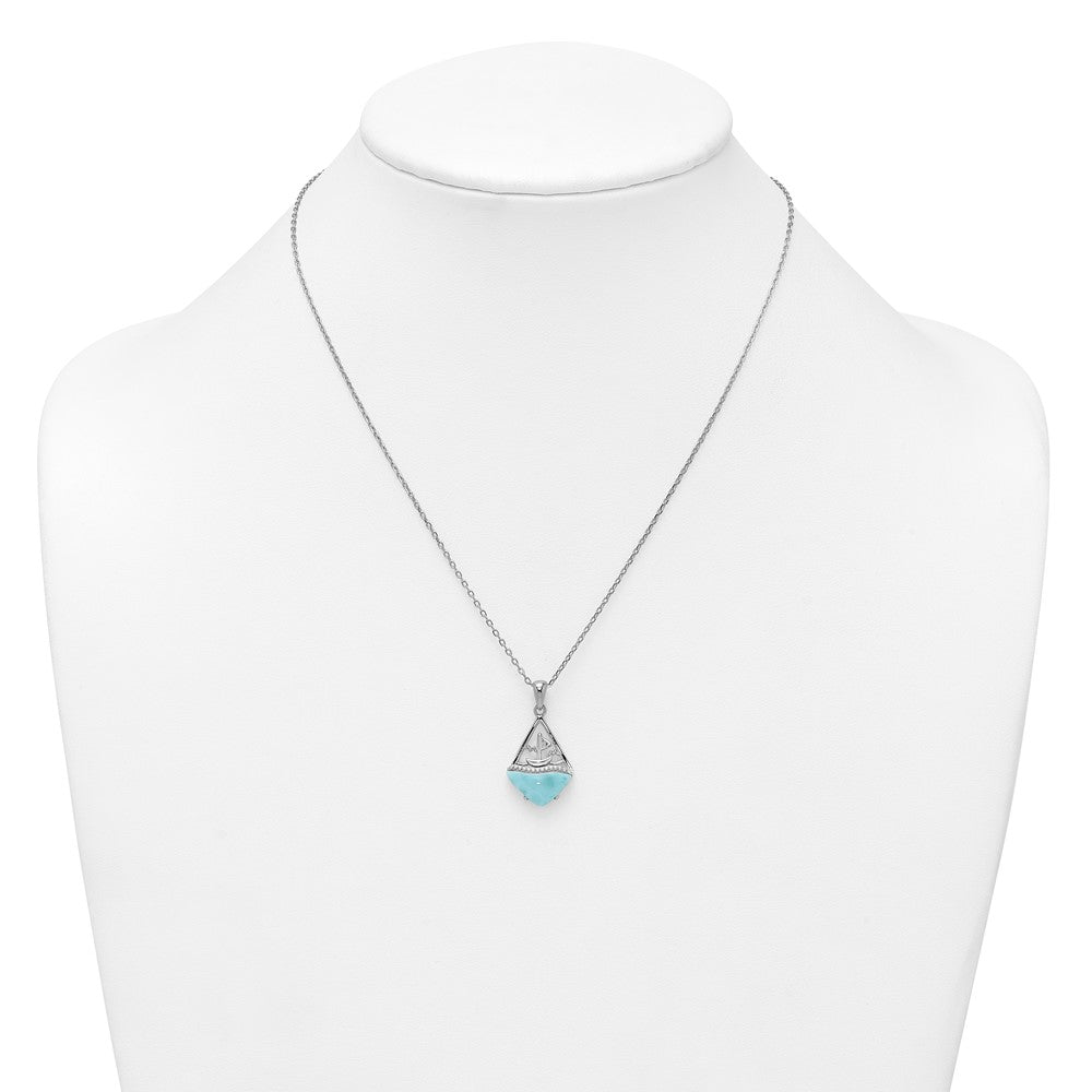 Sterling Silver Rhodium-plated Polished and Beaded Larimar Sailboat 16 Inch with 2 Inch Extension Necklace QG7102-16