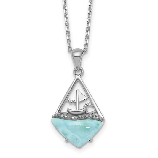 Sterling Silver Rhodium-plated Polished and Beaded Larimar Sailboat 16 Inch with 2 Inch Extension Necklace QG7102-16