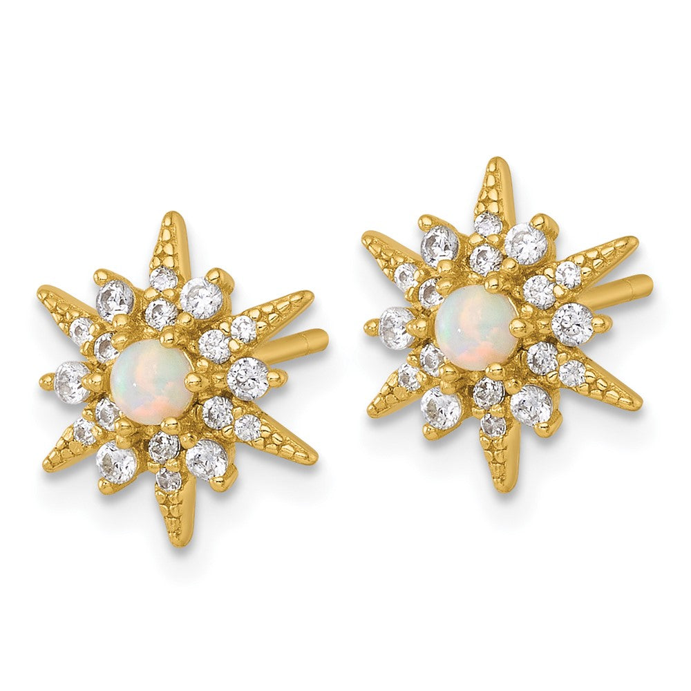 QG7105EGP Sterling Silver Gold-Tone Polished Lab Created Opal and CZ Starburst Post Earrings