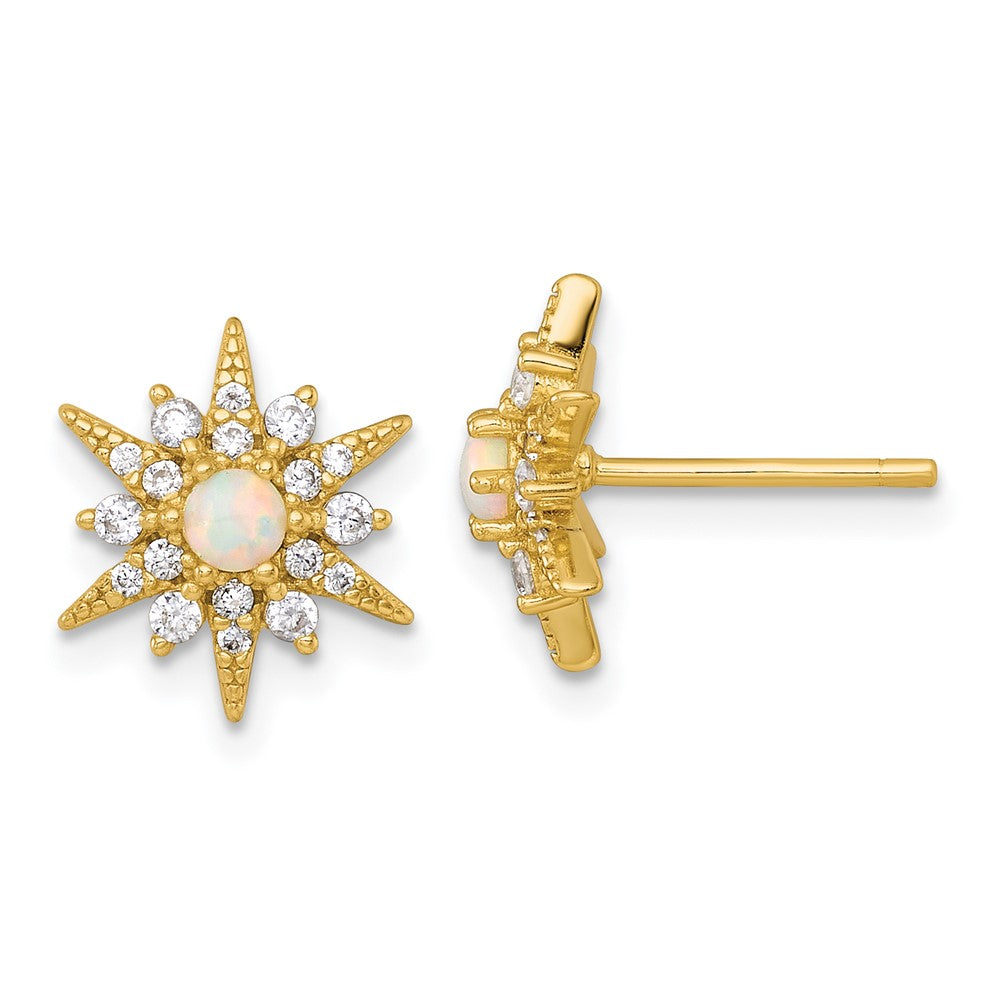 QG7105EGP Sterling Silver Gold-Tone Polished Lab Created Opal and CZ Starburst Post Earrings