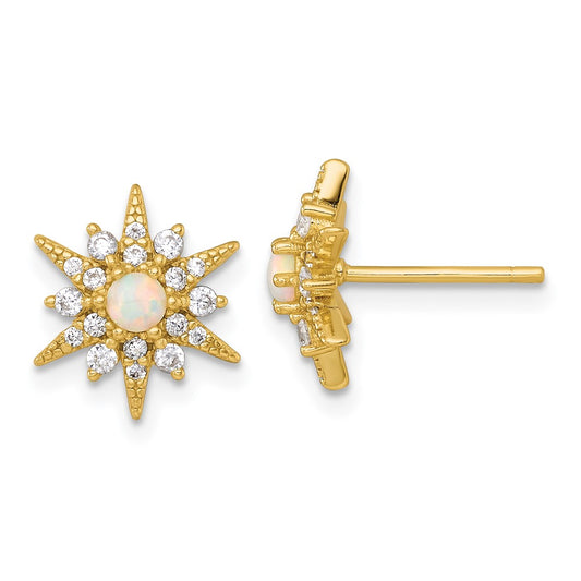 QG7105EGP Sterling Silver Gold-Tone Polished Lab Created Opal and CZ Starburst Post Earrings