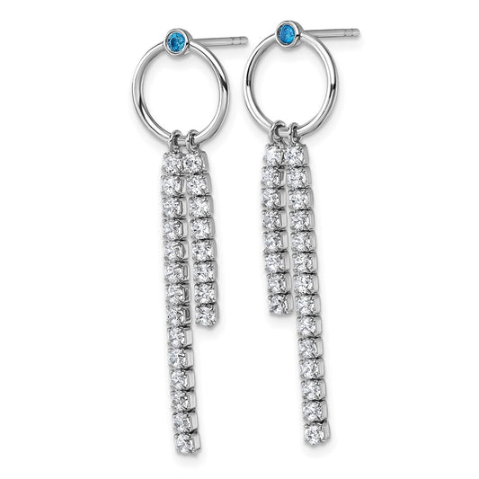 QG7108E Sterling Silver Rhodium-plated Blue and White CZ Circle with 2 Drops Dangle Post Earrings
