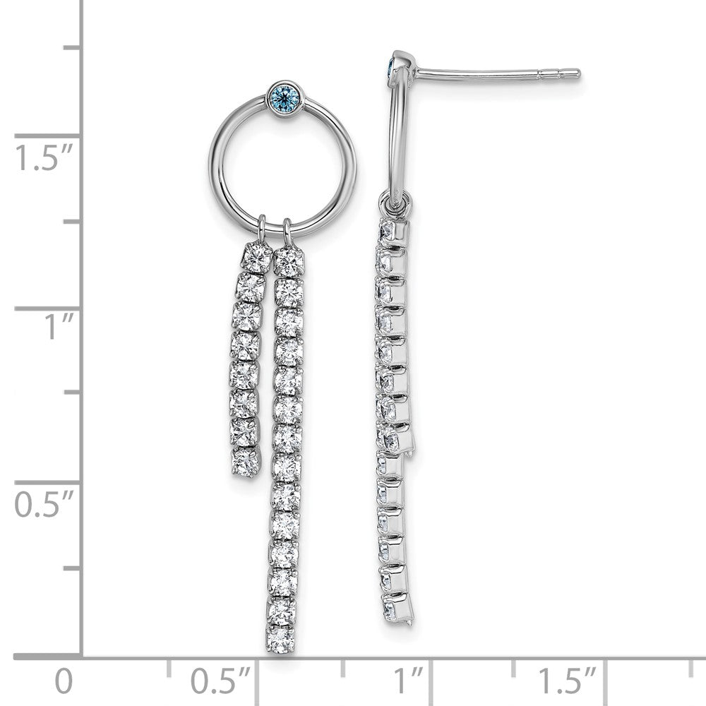 QG7108E Sterling Silver Rhodium-plated Blue and White CZ Circle with 2 Drops Dangle Post Earrings