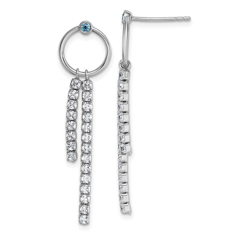 QG7108E Sterling Silver Rhodium-plated Blue and White CZ Circle with 2 Drops Dangle Post Earrings