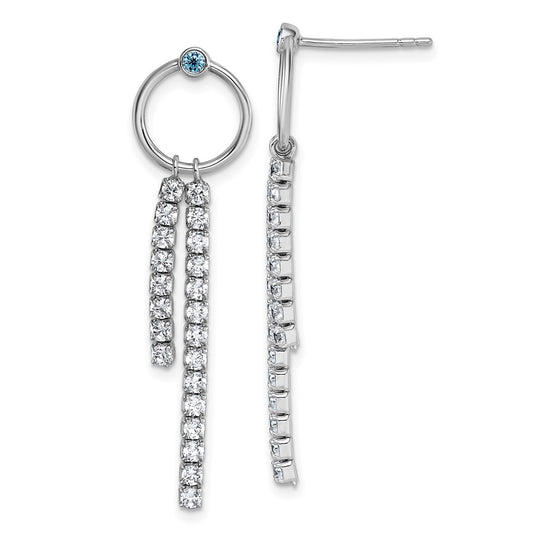 QG7108E Sterling Silver Rhodium-plated Blue and White CZ Circle with 2 Drops Dangle Post Earrings