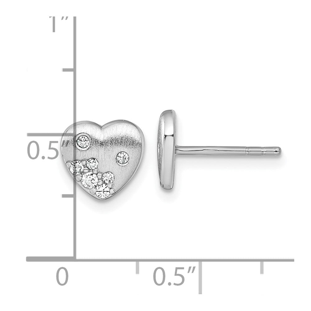 QG7109E Sterling Silver Rhodium-plated Brushed CZ Heart Post Earrings