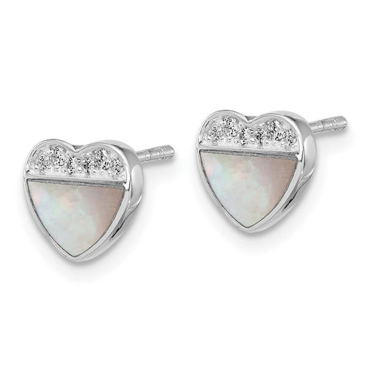 QG7110E Sterling Silver Rhodium-plated Polished Mother of Pearl and CZ Heart Post Earrings