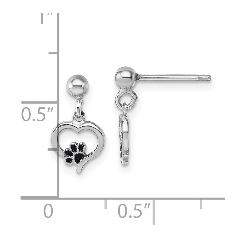 QG7112E Sterling Silver Rhodium-plated Heart with Black Enameled Paw Print Post Dangle Earrings