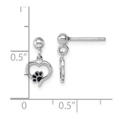 QG7112E Sterling Silver Rhodium-plated Heart with Black Enameled Paw Print Post Dangle Earrings