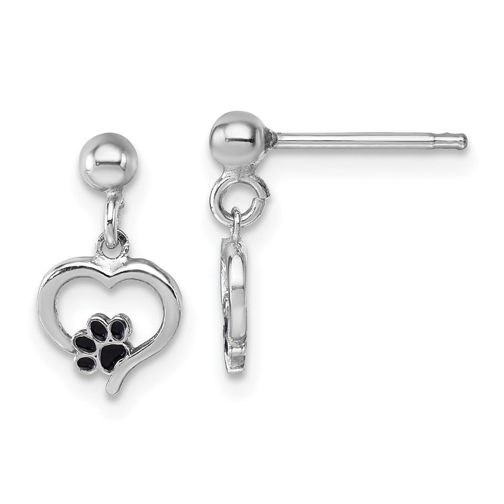 QG7112E Sterling Silver Rhodium-plated Heart with Black Enameled Paw Print Post Dangle Earrings