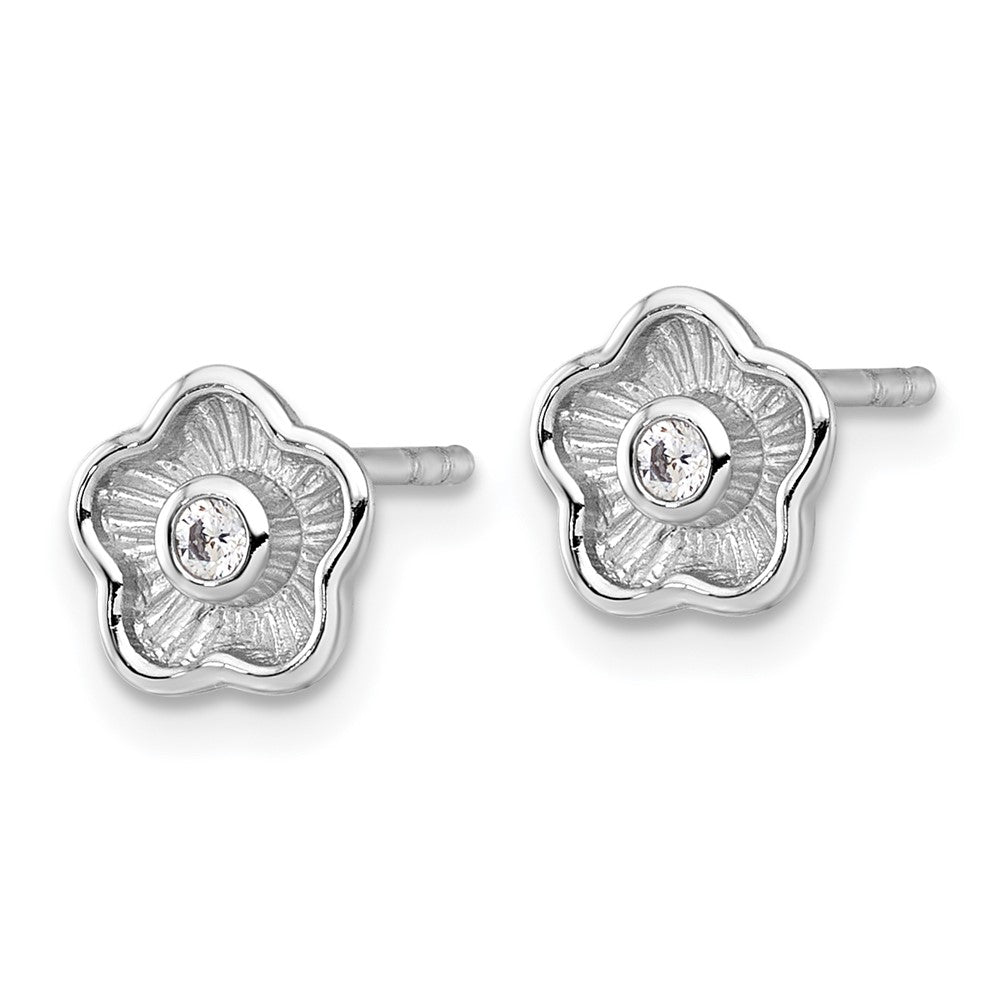 QG7114E Sterling Silver Rhodium-plated Polished Textured CZ Flower Post Earrings
