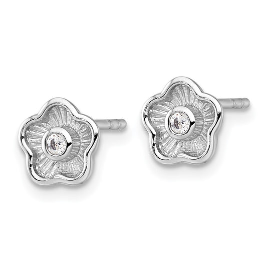 QG7114E Sterling Silver Rhodium-plated Polished Textured CZ Flower Post Earrings