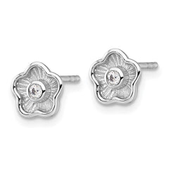 QG7114E Sterling Silver Rhodium-plated Polished Textured CZ Flower Post Earrings