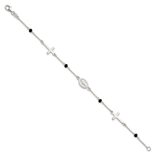 Sterling Silver Polished Spanish Miraculous Medal and Crosses with Black Glass Beads 7.5 inch Bracelet QG7121-7.5