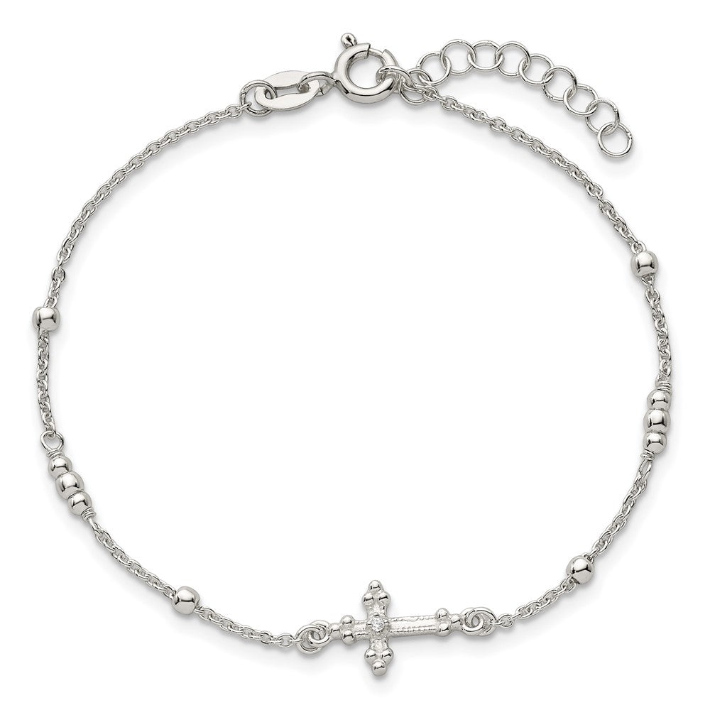 Sterling Silver Polished and Beaded White CZ Budded Cross 7 inch with 1 inch Extension Bracelet QG7122-7