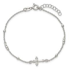 Sterling Silver Polished and Beaded White CZ Budded Cross 7 inch with 1 inch Extension Bracelet QG7122-7
