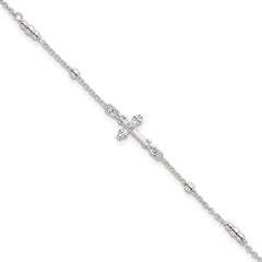Sterling Silver Polished and Beaded White CZ Budded Cross 7 inch with 1 inch Extension Bracelet QG7122-7