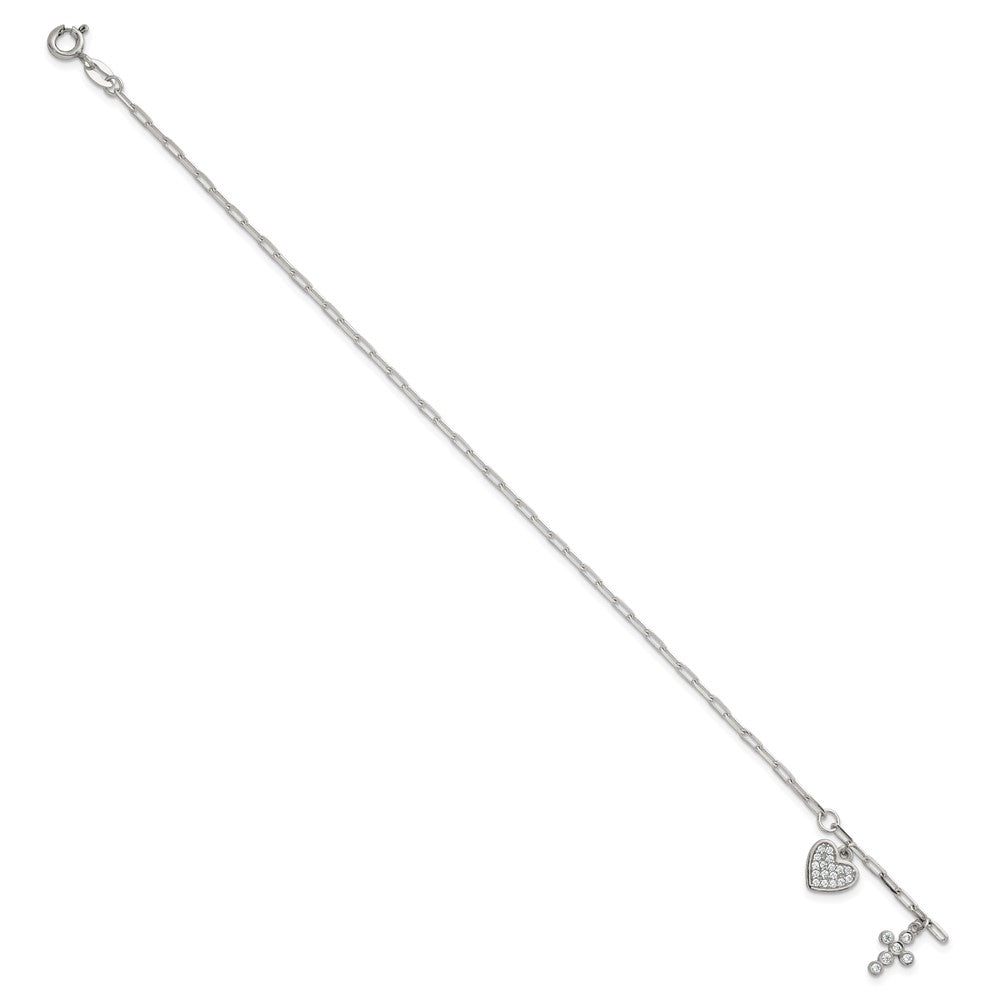 Sterling Silver Polished White CZ Heart and Cross Charms 7 inch with 1 inch Extension Bracelet QG7123-7