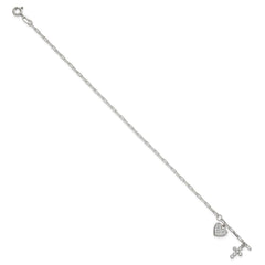 Sterling Silver Polished White CZ Heart and Cross Charms 7 inch with 1 inch Extension Bracelet QG7123-7