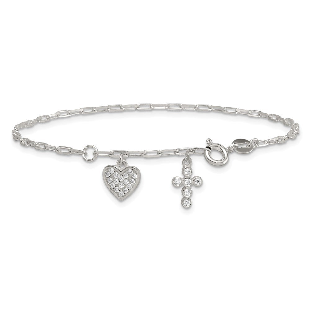 Sterling Silver Polished White CZ Heart and Cross Charms 7 inch with 1 inch Extension Bracelet QG7123-7