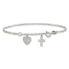 Sterling Silver Polished White CZ Heart and Cross Charms 7 inch with 1 inch Extension Bracelet QG7123-7