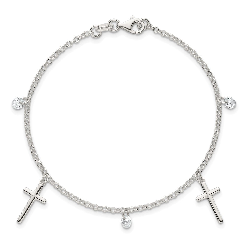 Sterling Silver Polished White CZ Dangles and Cross Charm 7.5 inch Bracelet QG7125-7.5