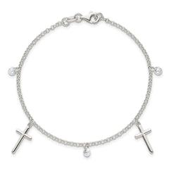 Sterling Silver Polished White CZ Dangles and Cross Charm 7.5 inch Bracelet QG7125-7.5