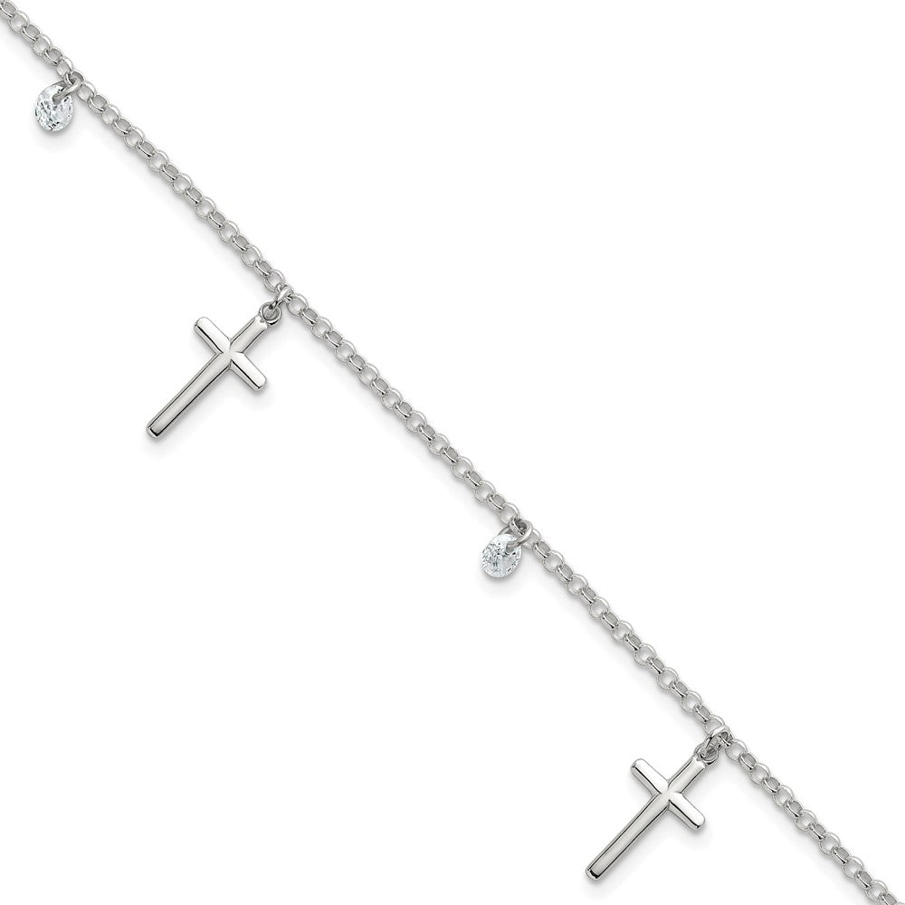 Sterling Silver Polished White CZ Dangles and Cross Charm 7.5 inch Bracelet QG7125-7.5