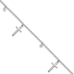 Sterling Silver Polished White CZ Dangles and Cross Charm 7.5 inch Bracelet QG7125-7.5