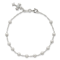 Sterling Silver Polished Beaded with White CZ Fleur de Lis Cross Charm 7.5 inch Bracelet QG7126-7.5