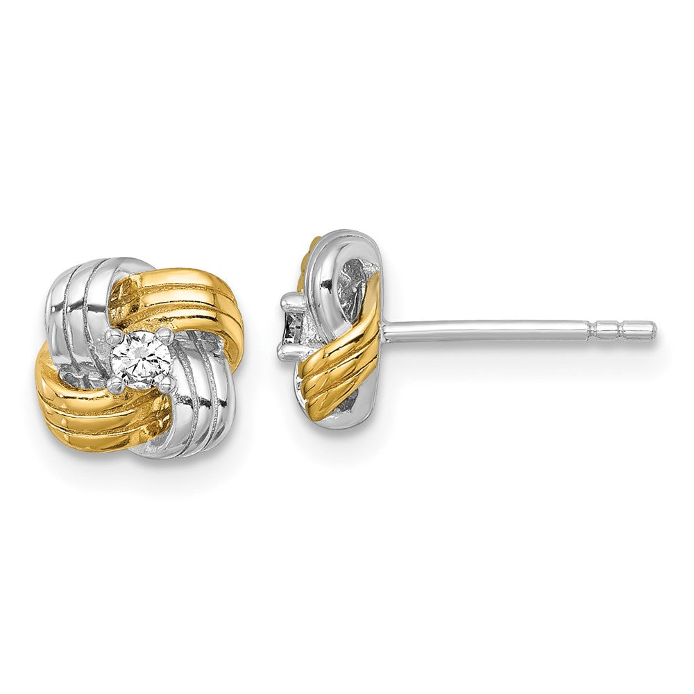 QG7128E Sterling Silver Gold-tone and Rhodium-plated Polished CZ Knot Post Earrings