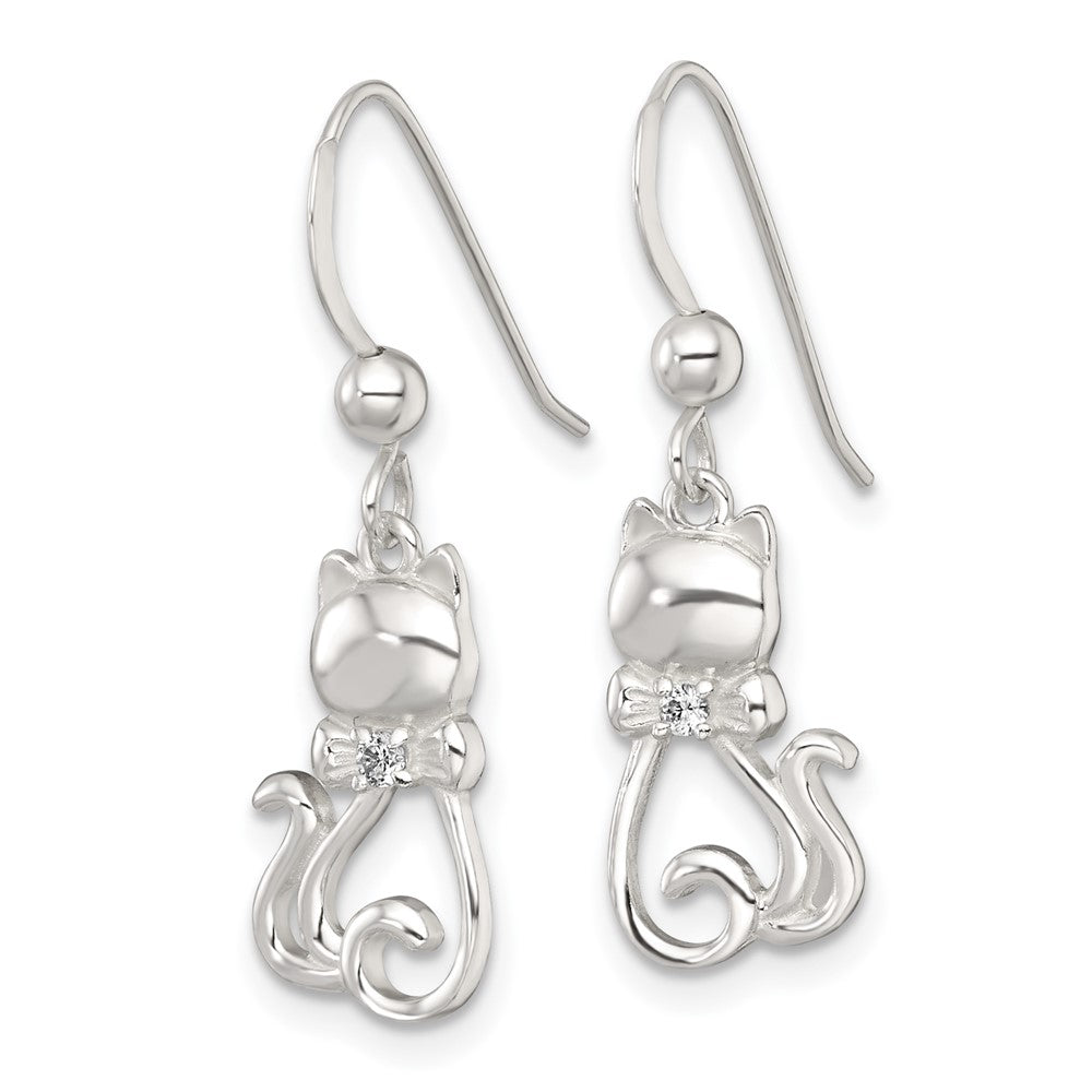 QG7129E Sterling Silver Polished White CZ Cat Silhouette With Bowtie Dangle Shepherd Hook Earrings