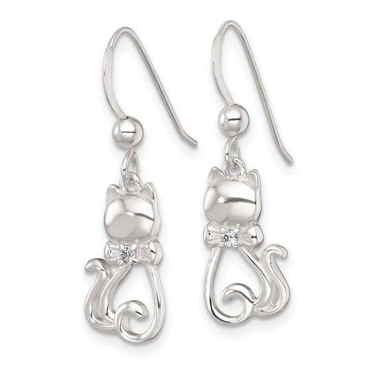 QG7129E Sterling Silver Polished White CZ Cat Silhouette With Bowtie Dangle Shepherd Hook Earrings