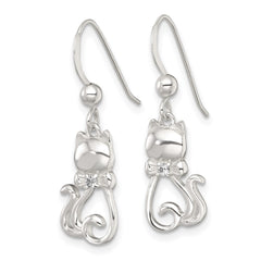 QG7129E Sterling Silver Polished White CZ Cat Silhouette With Bowtie Dangle Shepherd Hook Earrings