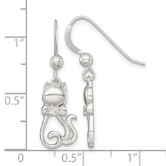 QG7129E Sterling Silver Polished White CZ Cat Silhouette With Bowtie Dangle Shepherd Hook Earrings