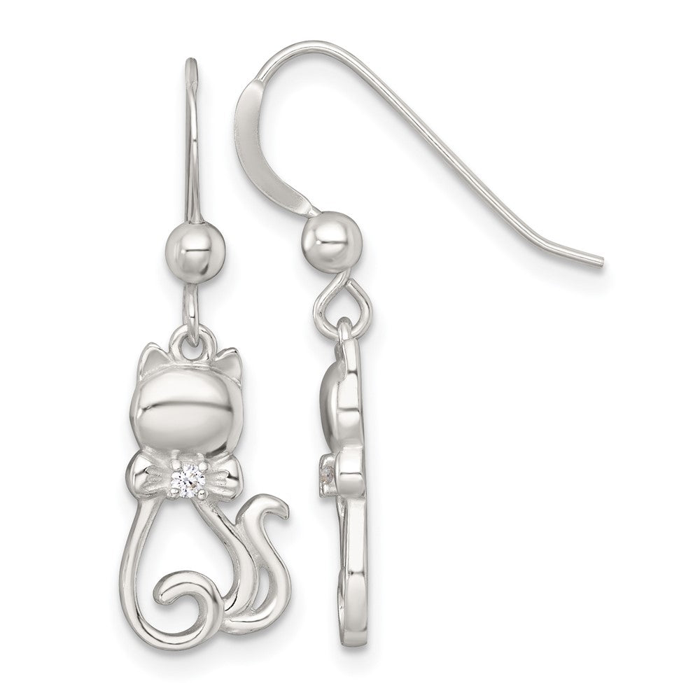 QG7129E Sterling Silver Polished White CZ Cat Silhouette With Bowtie Dangle Shepherd Hook Earrings
