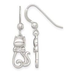 QG7129E Sterling Silver Polished White CZ Cat Silhouette With Bowtie Dangle Shepherd Hook Earrings