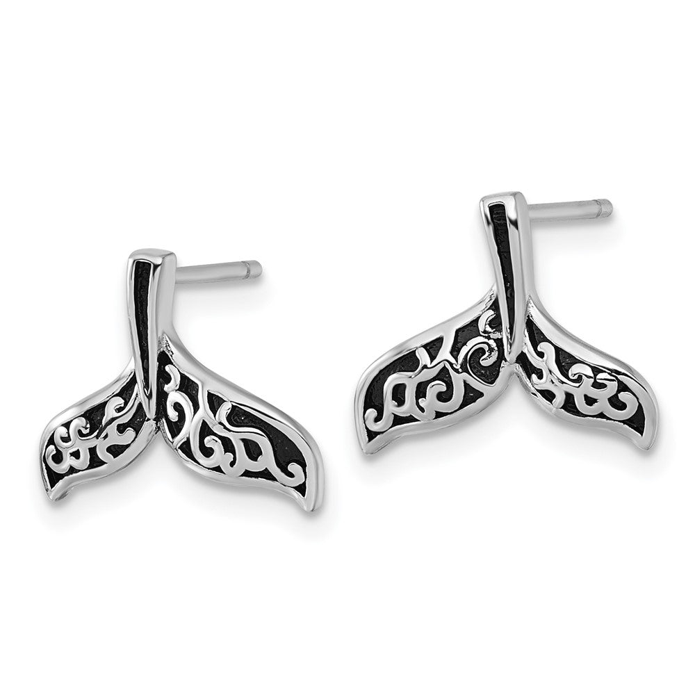 QG7130E Sterling Silver Rhodium-plated Polished and Oxidized Filigree Whale Tail Post Earrings