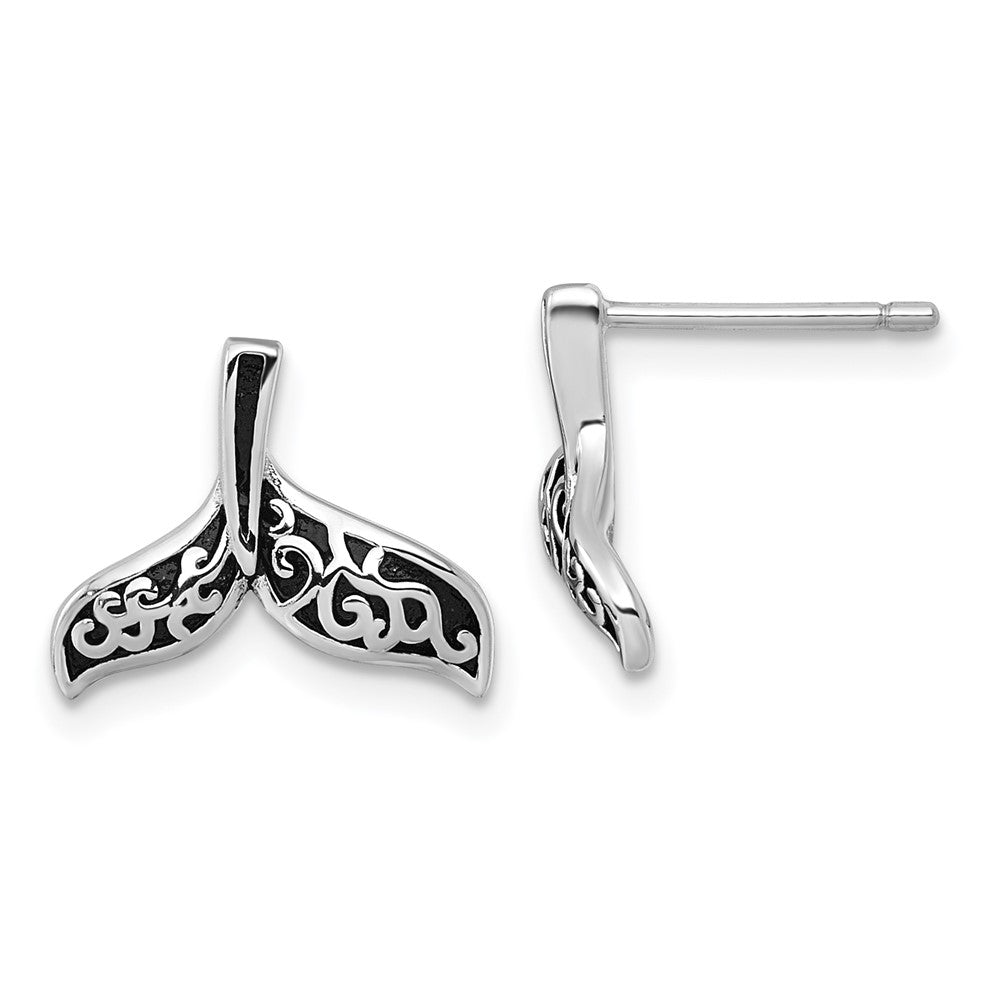 QG7130E Sterling Silver Rhodium-plated Polished and Oxidized Filigree Whale Tail Post Earrings