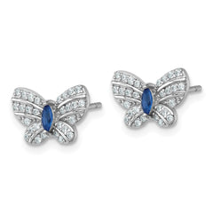 QG7131E Sterling Silver Rhodium-plated Polished Blue Glass and White CZ Butterfly Post Earrings