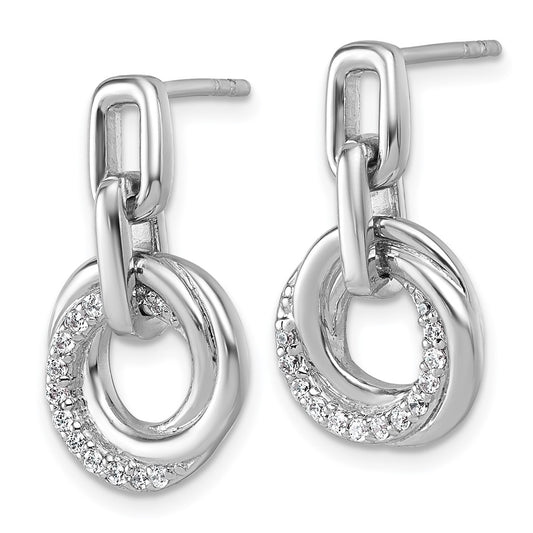 QG7136E Sterling Silver Rhodium-plated Polished CZ Circle Twist Dangle Post Earrings