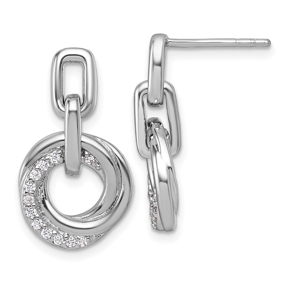 QG7136E Sterling Silver Rhodium-plated Polished CZ Circle Twist Dangle Post Earrings
