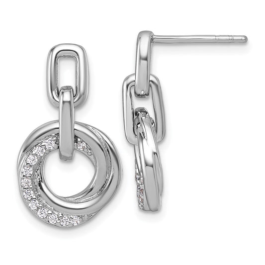 QG7136E Sterling Silver Rhodium-plated Polished CZ Circle Twist Dangle Post Earrings
