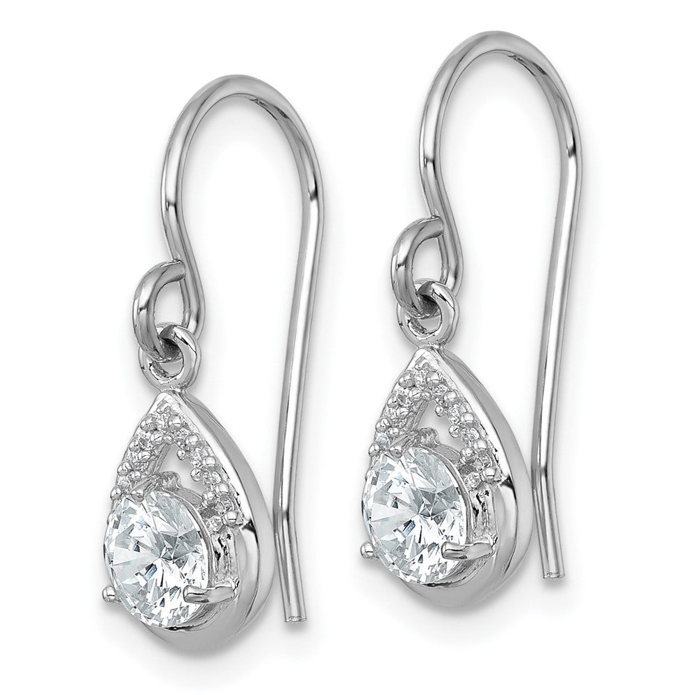 QG7138E Sterling Silver Rhodium-plated Polished Round CZ Teardrop Dangle Shepherd Hook Earrings