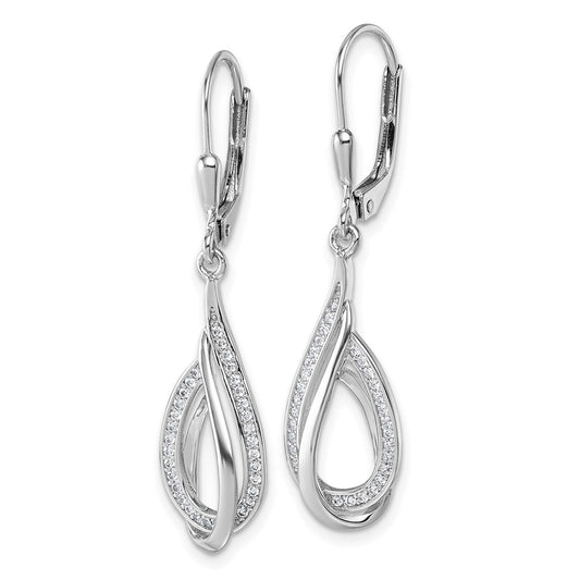 QG7140E Sterling Silver Rhodium-plated CZ Polished Tear Drop Swirl Leverback Earrings