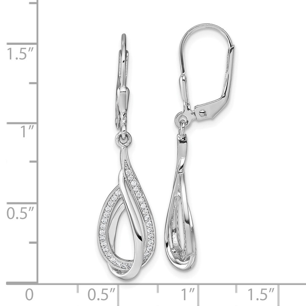 QG7140E Sterling Silver Rhodium-plated CZ Polished Tear Drop Swirl Leverback Earrings